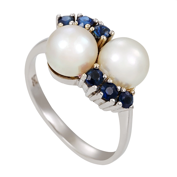 Ring, 14K, Weißgold, Perle, Saphir