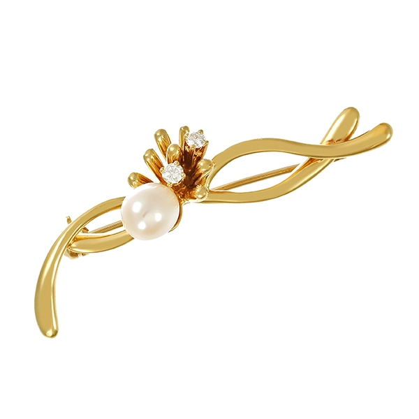 Brosche, 14K, Gelbgold, Brillanten, Perle