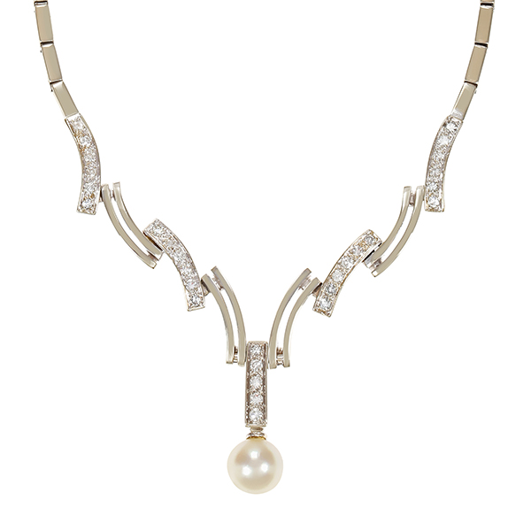Collier, 14K, Weißgold, Perle, Diamanten, 1,00ct