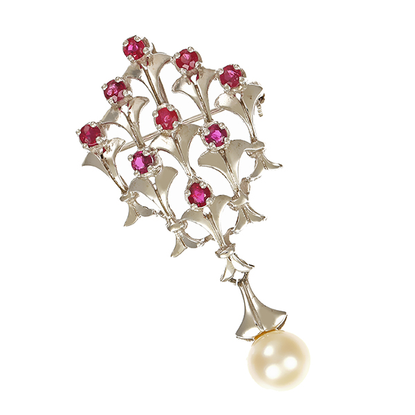 Brosche, 14K, Weißgold, Rubine, Perle