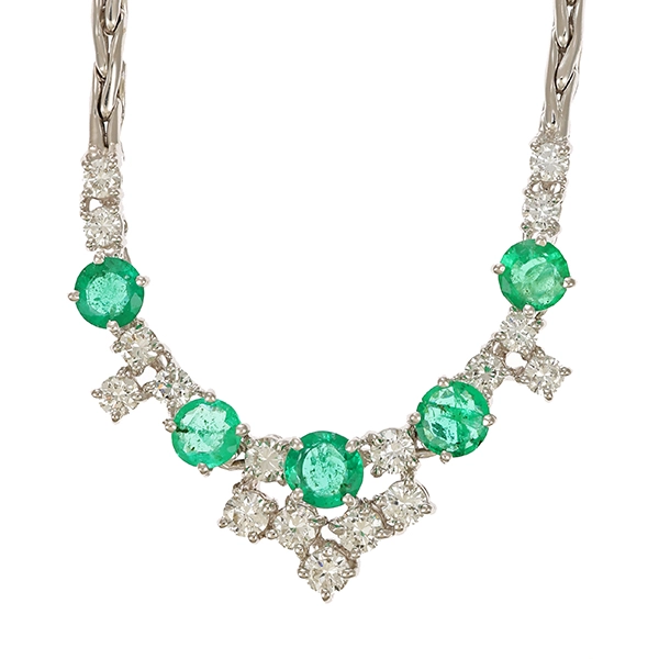 Collier, 18K, Weißgold, Brillant, Smaragd
