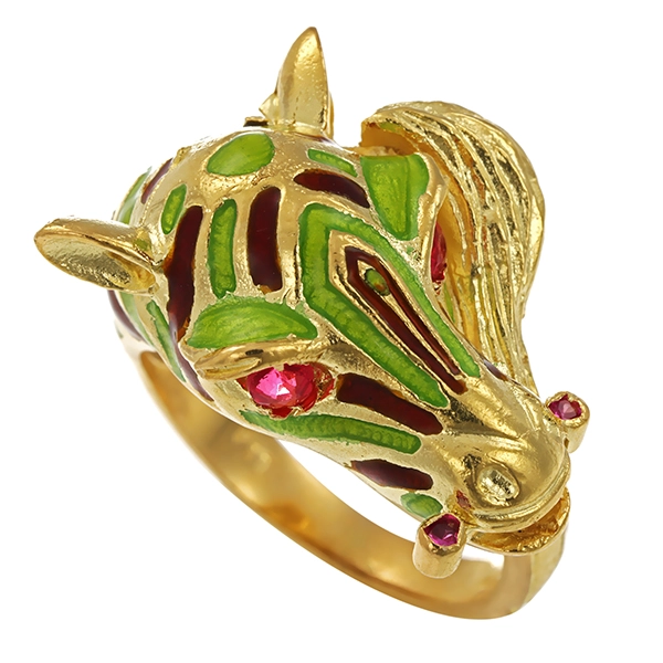 Ring, 18K, Gelbgold, Emaille, Rubin