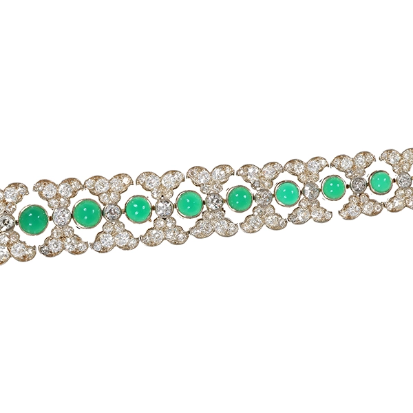 Armband, 14K, Gelb-/Weißgold, Chrysopras, Diamanten Altschliff, L19cm