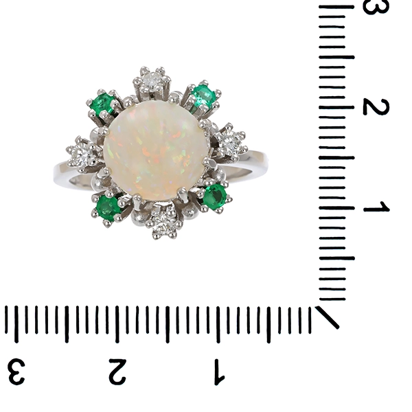 Ring, 14K, Weißgold, Brillant, Smaragd, synth. Opal