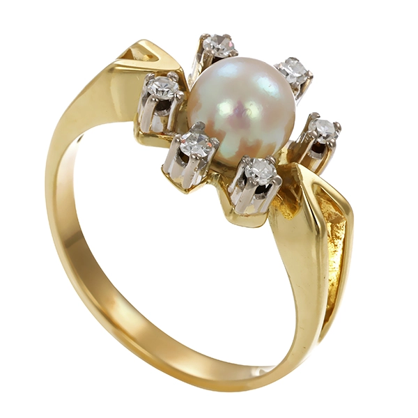 Ring, 14K, Gelb-/Weißgold, Perlen, Diamanten