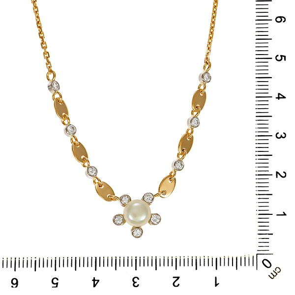 Collier, 14K, Gelbgold, Perle, Brillanten