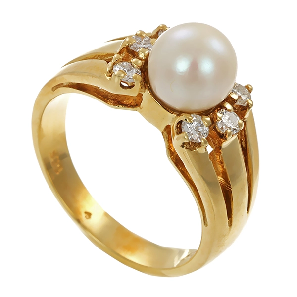 Ring, 14K, Gelbgold, Brillanten, Perle