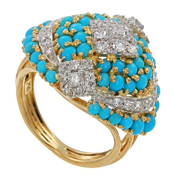 Ring, 18K, Gelbgold, Türkis, 41 Diamanten,