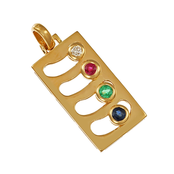 Anhänger, 18K, Gelbgold, Rubin, Smaragd, Saphir
