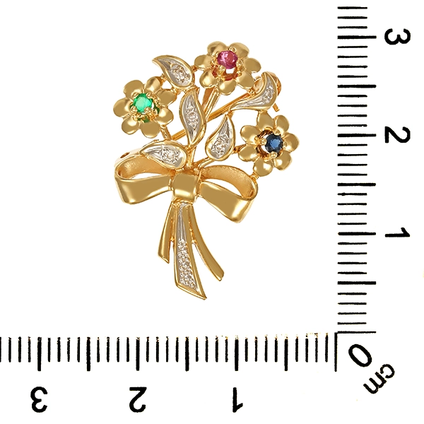 Brosche, 14K, Gelb-/Weißgold, Rubin, Saphir, Smaragd, Diamanten