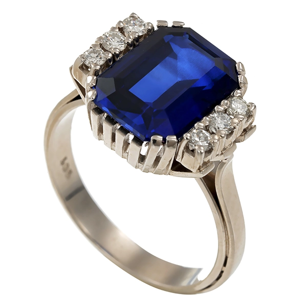 Ring, 14K, Weißgold, synthetischer Saphir, Brillanten
