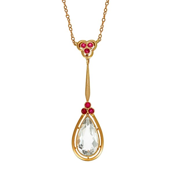 Collier, 14K, Gelbgold, Aquamarin, synth. Rubin