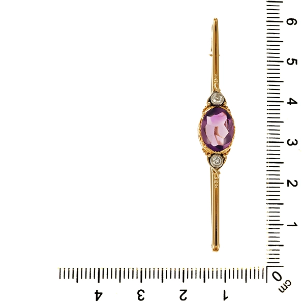 Brosche, 14K, Gelbgold, Amethyst, Diamanten