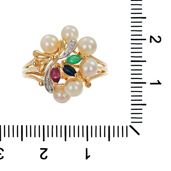 Ring, 14K, Gelbgold, Perle, Rubin, Saphir, Smaragd, 2 diamanten