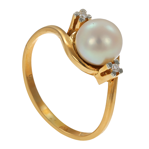 Ring, 18K, Gelbgold, Perle, Diamanten