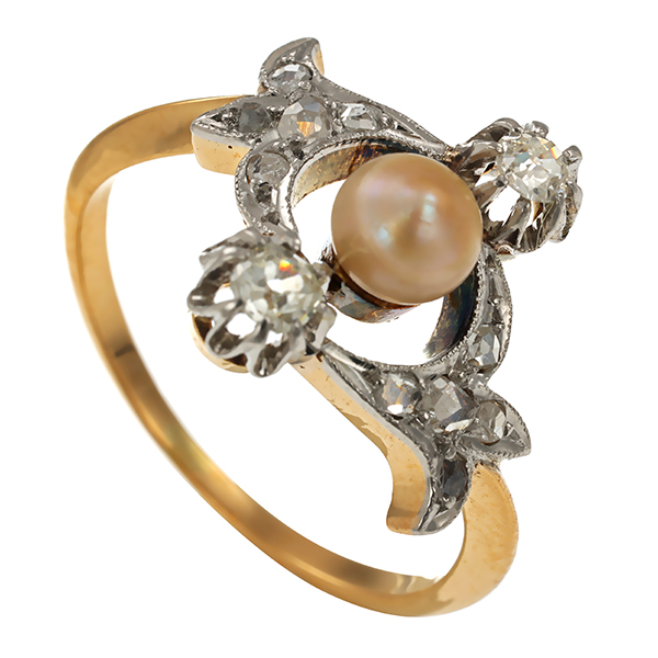Ring, 18K, Gelb-/Weißgold, Perle, Diamanten, Antik