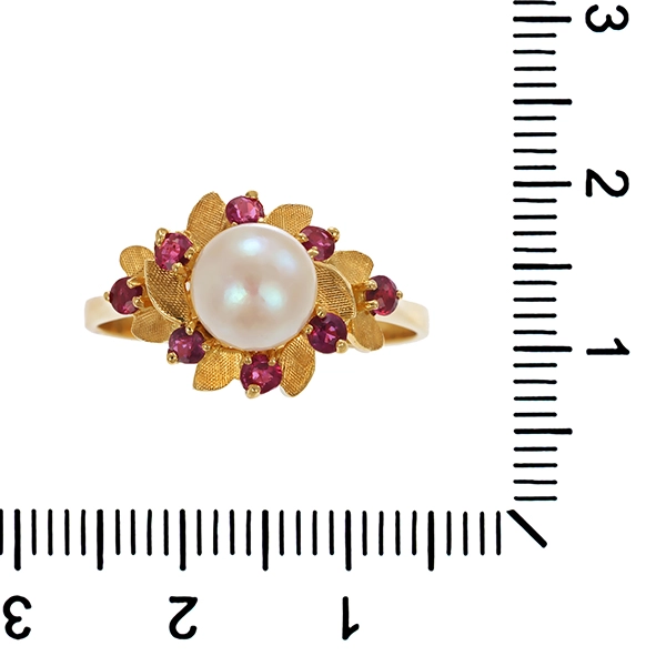 Ring, 14K, Gelbgold, Perle, Rubin
