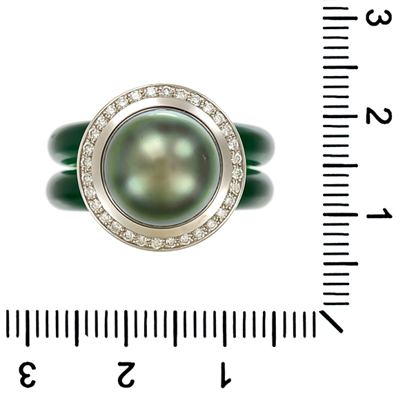Ring, 18K, Weißgold, Perle, Brillanten, Kautschuk
