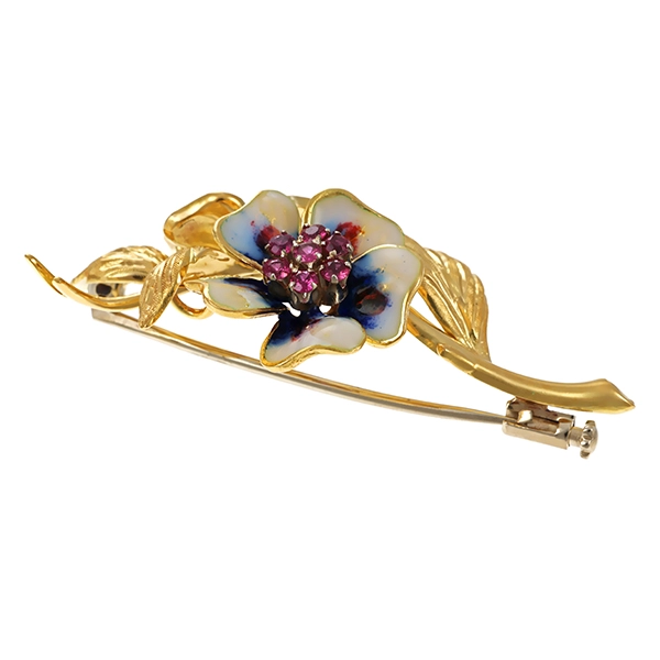 Brosche, 18K, Gelbgold, Emaille, Rubine