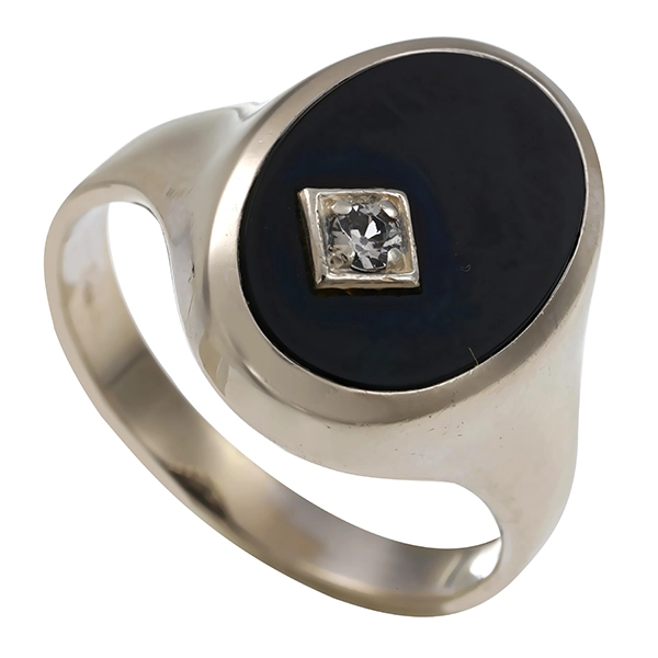 Herrenring, 14K, Weißgold, Onyx, Brillant