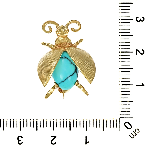 Brosche, 8K, Gelbgold, Türkis, Käfer