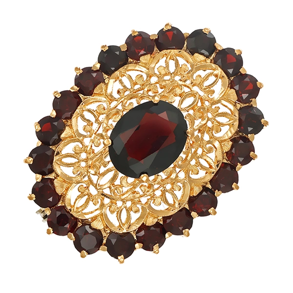 Brosche, 18K, Gelbgold, Granat