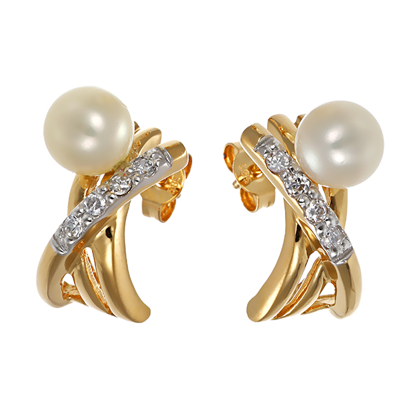 Steckcreolen, 14K, Gelbgold, Perlen, Zirkonia