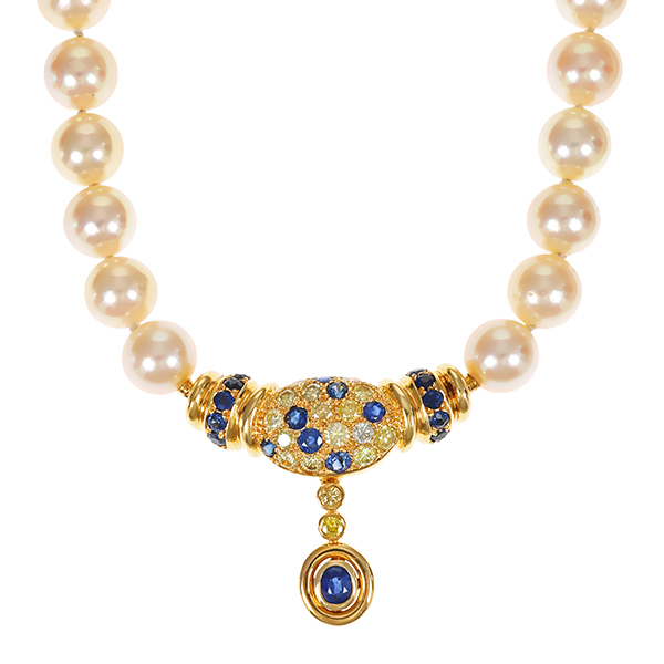 Collier, 18K, Gelbgold, Perlen, Brillant, Saphir