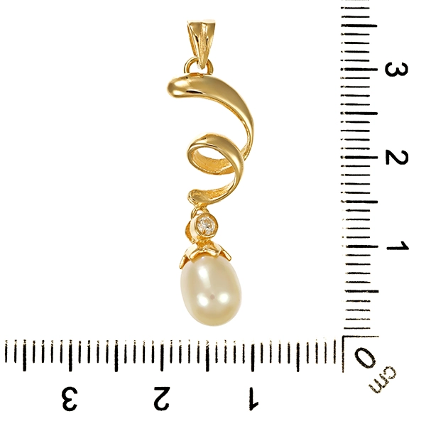 Anhänger, 14K, Gelbgold, Perle, Zirkonia