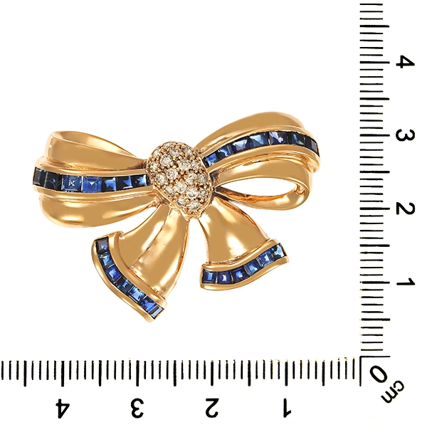 Brosche, 14K, Gelbgold, Brillant, Saphir