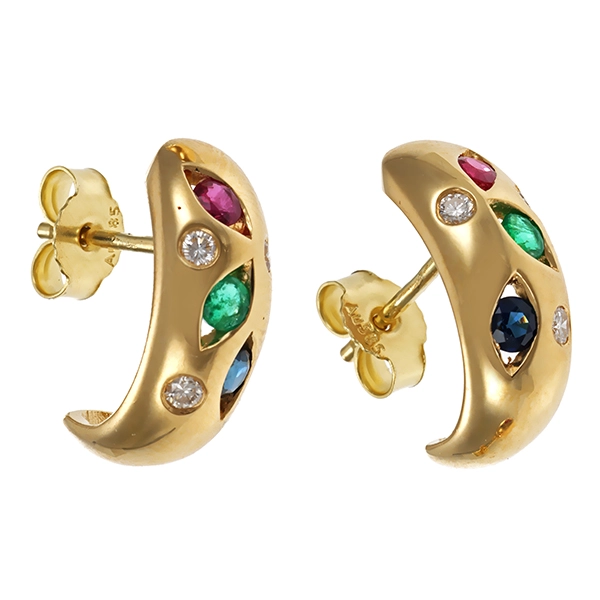 Ohrstecker, 14K, Gelbgold, Smaragd, Rubin, Saphir