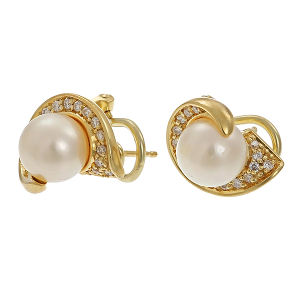 Clipstecker, 14K, Gelbgold, 2 Zuchtperlen, 32 Brillanten