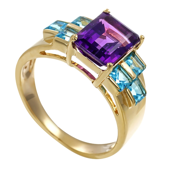 Ring, 9K, Gelbgold, Amethyst, Blautopase