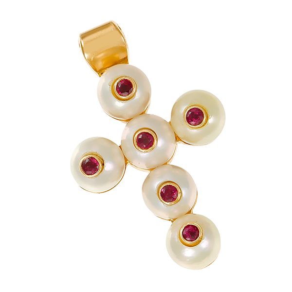 Anhänger, Kreuz, 18K, Gelbgold, Perle, Rubin