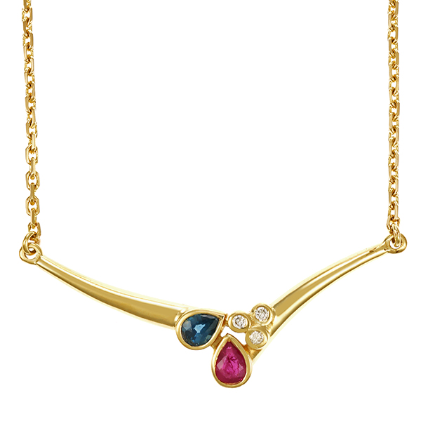 Collier, 14K, Gelbgold, Rubin, Saphir, Brillanten