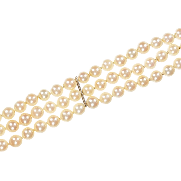 Perlenarmband, Schließe 14K, Weißgold, 3-reihig