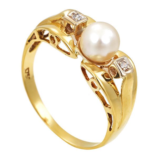 Ring, 18K, Gelbgold, Zuchtperle, Diamanten