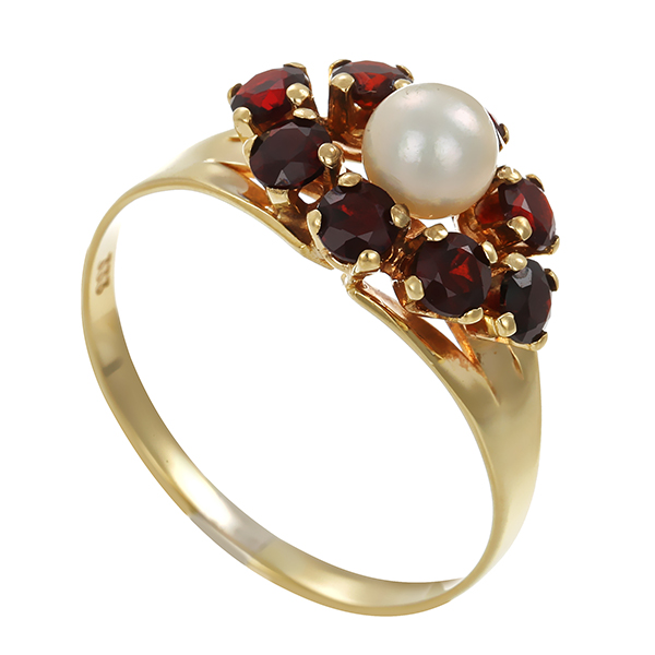 Ring, 8K, Gelbgold, Perle, Granat