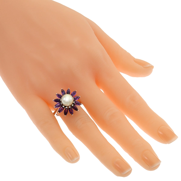 Ring, 18K, Weißgold, Perle, Amethyste