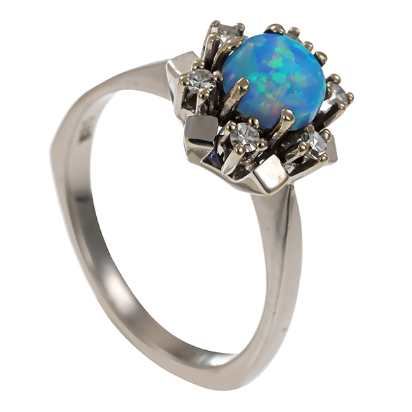 Ring, 14K, Weißgold, synth. Opal, Diamant