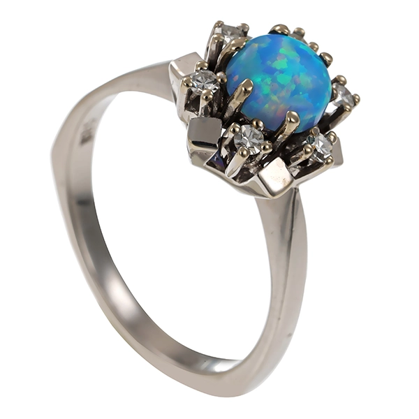 Ring, 14K, Weißgold, synth. Opal, Diamant