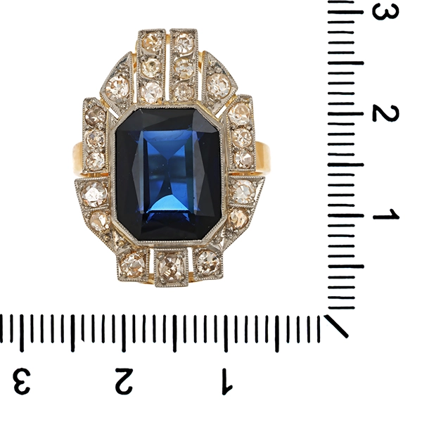 Ring, 14K, Gelb-/Weißgold, synth. Saphir, Diamanten