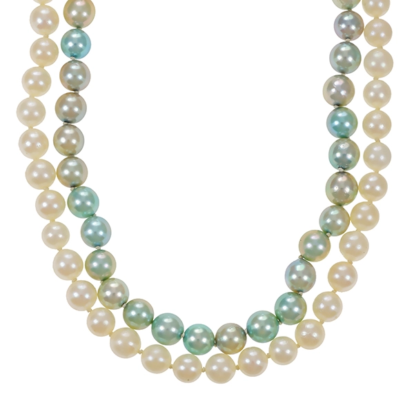 Perlenkette, 14K, Weißgold, Perlen, Diamanten