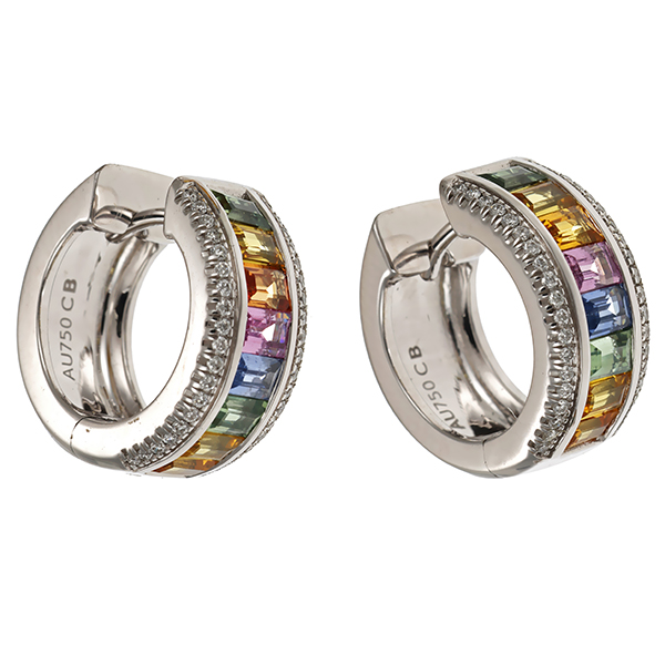 Creolen, 18K, Weißgold, Saphir, Diamant