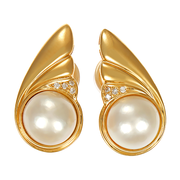 Clip-Stecker, 18K, Gelbgold, Mabe-Perlen, Brillanten 