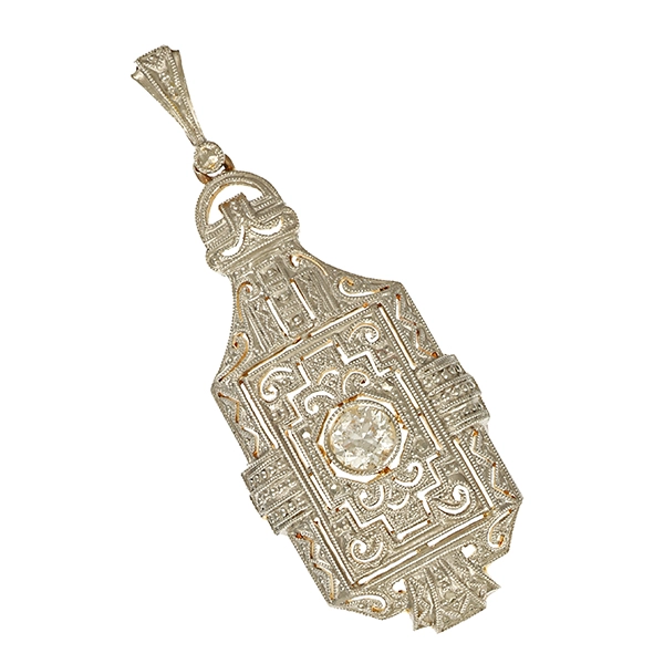 Anhänger, 14K, Gelb-/Weißgold, Diamanten, Art Deko