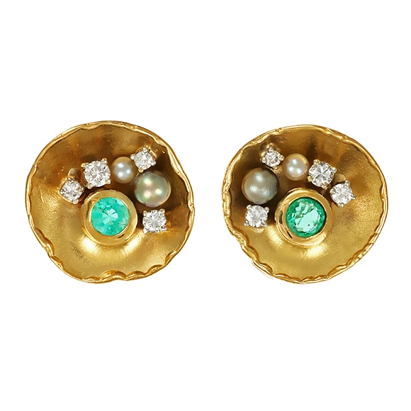 Clipstecker, 18K, Gelbgold, Smaragd, Brillanten,