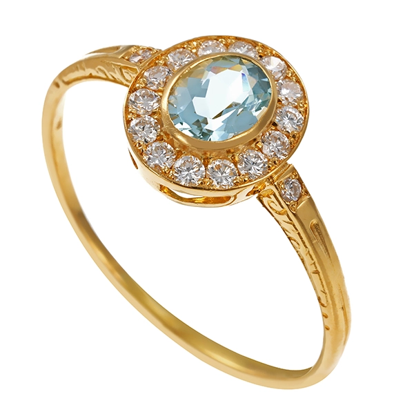 Ring, 18K, Gelbgold, Zirkonia, Aquamarin