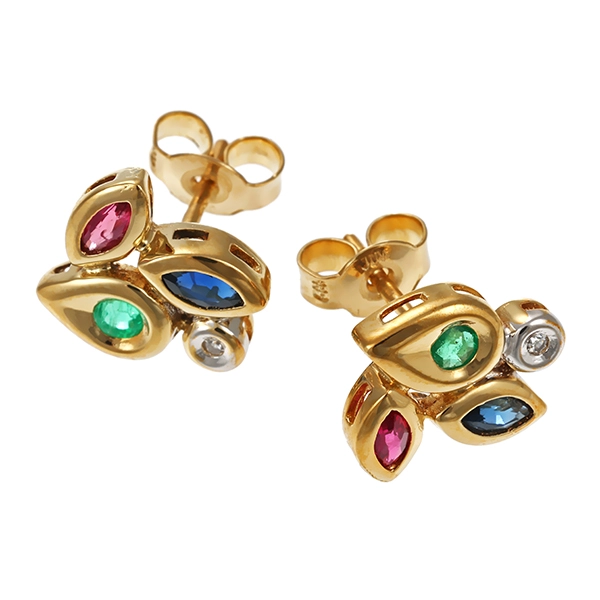Ohrstecker, 14K, Gelb-/Weißgold, Rubin, Smaragd, Saphir
