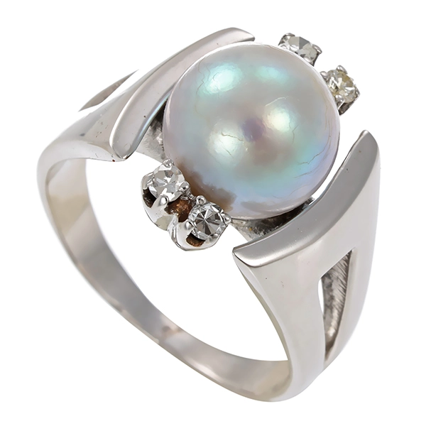 Ring, 14K, Weißgold, Diamant, Perle